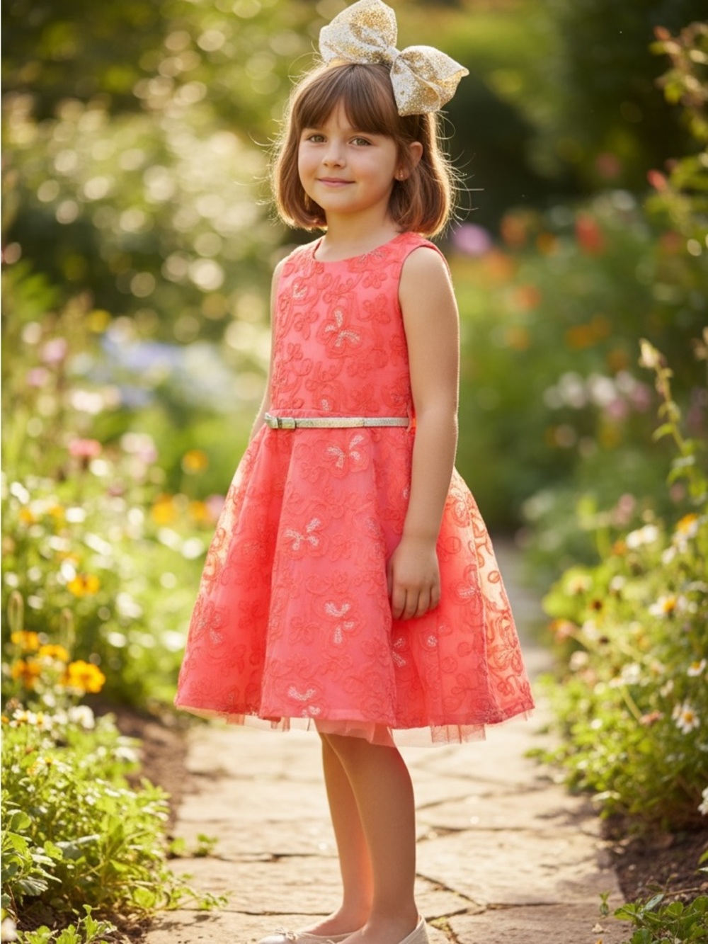 Knitworks Coral Girls' Floral Lace Party Dress With Cream/Silver Belt